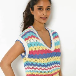 Pull rayé en crochet festonné col V, manches courtes