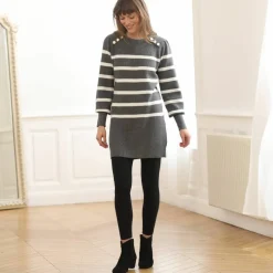 Pull tunique boutons fantaisie, rayé
