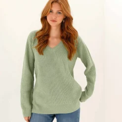 Pull tunique col V, maille anglaise
