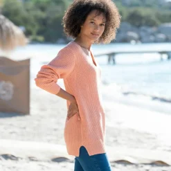 Pull tunique col V, maille anglaise