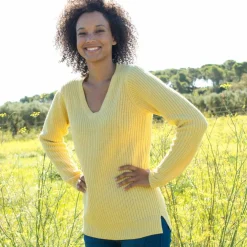 Pull tunique col V, maille anglaise
