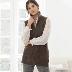 Pull tunique en côte sans manches, col montant zippé