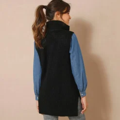 Pull tunique en côte sans manches, col montant zippé