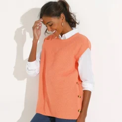 Pull-tunique sans manches à boutons effet corne, maille fantaisie