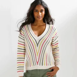 Pull V maille fantaisie, rayures graphiques