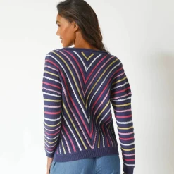 Pull V maille fantaisie, rayures graphiques