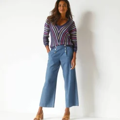 Pull V maille fantaisie, rayures graphiques