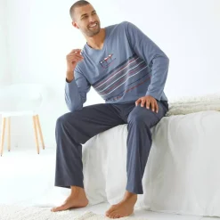 Pyjama long col V manches longues coton adouci
