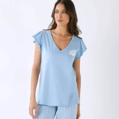 Pyjama pantacourt motif soleil et imprimé rayé