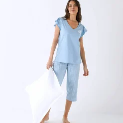 Pyjama pantacourt motif soleil et imprimé rayé