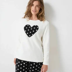 Pyjama pantalon en polaire toucher peluche, motif coeur et pois