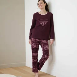 Pyjama pantalon imprimé coeur, maille polaire