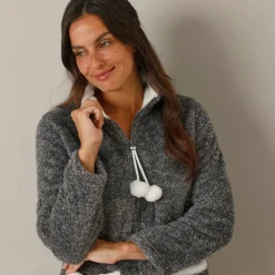 Pyjama pantalon polaire, avec veste zippée à pompons