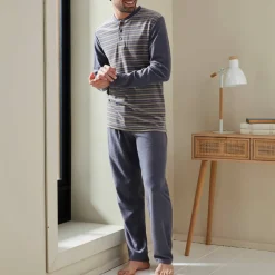 Pyjama pantalon rayé velours manches longues
