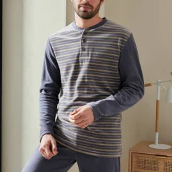 Pyjama pantalon rayé velours manches longues