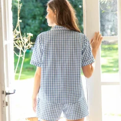 Pyjama short col tailleur coton à carreaux tissés teints