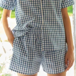 Pyjama short col tailleur coton à carreaux tissés teints