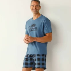 Pyjama short coton carreaux manches courtes
