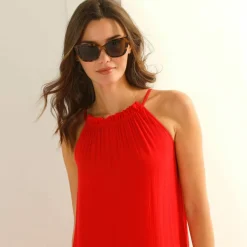 Robe aux fines bretelles, crépon fluide