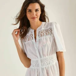 Robe boutonnée macramé, manches coudes évasées