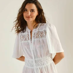 Robe boutonnée macramé, manches coudes évasées