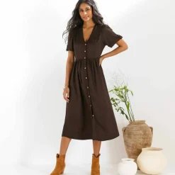 Robe boutonnée unie, manches courtes