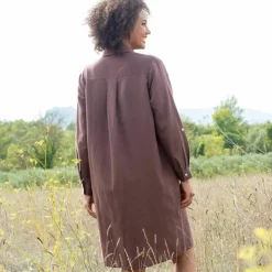 Robe chemise en coton-lin, manches retroussables