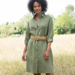 Robe chemise en coton-lin, manches retroussables