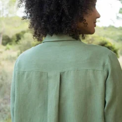 Robe chemise en coton-lin, manches retroussables
