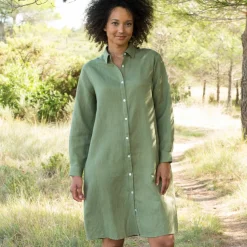 Robe chemise en coton-lin, manches retroussables