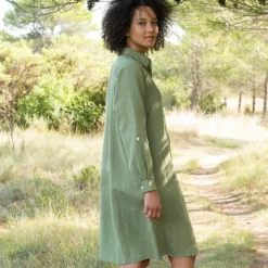 Robe chemise en coton-lin, manches retroussables