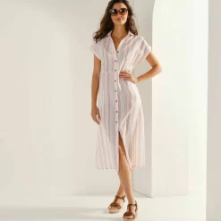 Robe chemise rayée, manches courtes, coton fils tissés teints