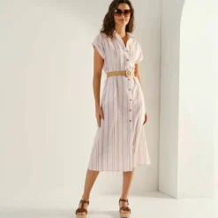 Robe chemise rayée, manches courtes, coton fils tissés teints