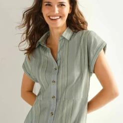 Robe chemise rayée, manches courtes, coton fils tissés teints