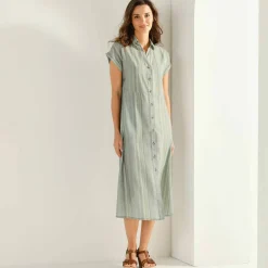 Robe chemise rayée, manches courtes, coton fils tissés teints