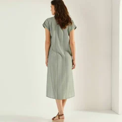 Robe chemise rayée, manches courtes, coton fils tissés teints