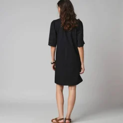 Robe-chemisier en coton uni, à manches coudes en broderies anglaises