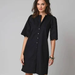 Robe-chemisier en coton uni, à manches coudes en broderies anglaises