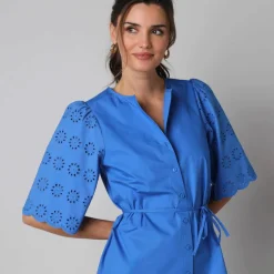 Robe-chemisier en coton uni, à manches coudes en broderies anglaises