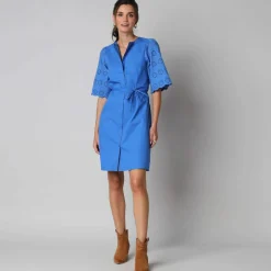 Robe-chemisier en coton uni, à manches coudes en broderies anglaises