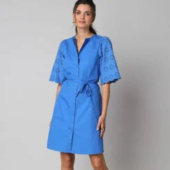 Robe-chemisier en coton uni, à manches coudes en broderies anglaises