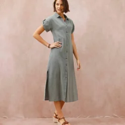 Robe-chemisier longue en jean, manches courtes