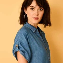Robe-chemisier longue en jean, manches courtes