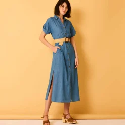 Robe-chemisier longue en jean, manches courtes
