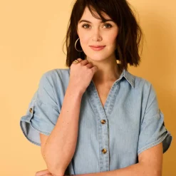 Robe-chemisier longue en jean, manches courtes
