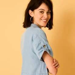 Robe-chemisier longue en jean, manches courtes