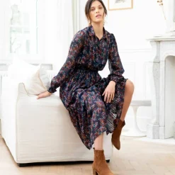 Robe-chemisier longue en voile jacquard imprimé floral