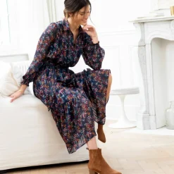 Robe-chemisier longue en voile jacquard imprimé floral