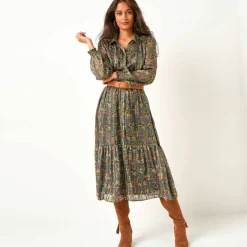 Robe-chemisier longue en voile jacquard imprimé floral