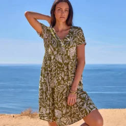 Robe col V courte imprimée, crépon